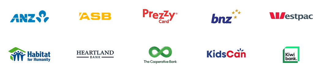 ANZ, ASB, Prezzy Card, BNZ, Westpac, Habitat for Humanity, Heartland Bank, The Co-operative Bank, KidsCan and Kiwibank